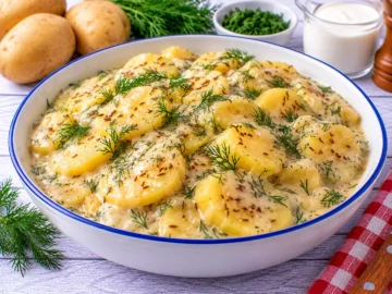 Saure Kartoffeln in cremiger Soße mit Dill, Kümmel und saurer Sahne.