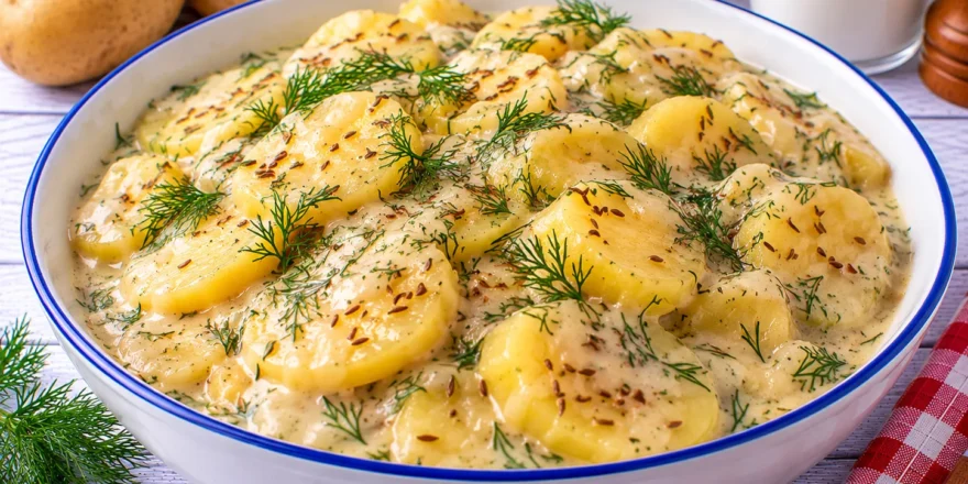Saure Kartoffeln in cremiger Soße mit Dill, Kümmel und saurer Sahne.