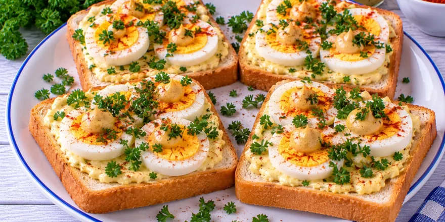 Belegte Weißbrotschnitten mit hartgekochten Eiern, Senf, Petersilie und Paprika.