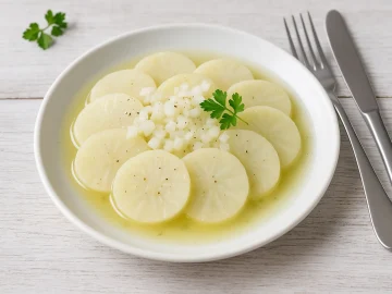 Selleriesalat mit garen Selleriescheiben, Zwiebeln und leichter Brühe auf weißem Teller, auf hellem Holzhintergrund.