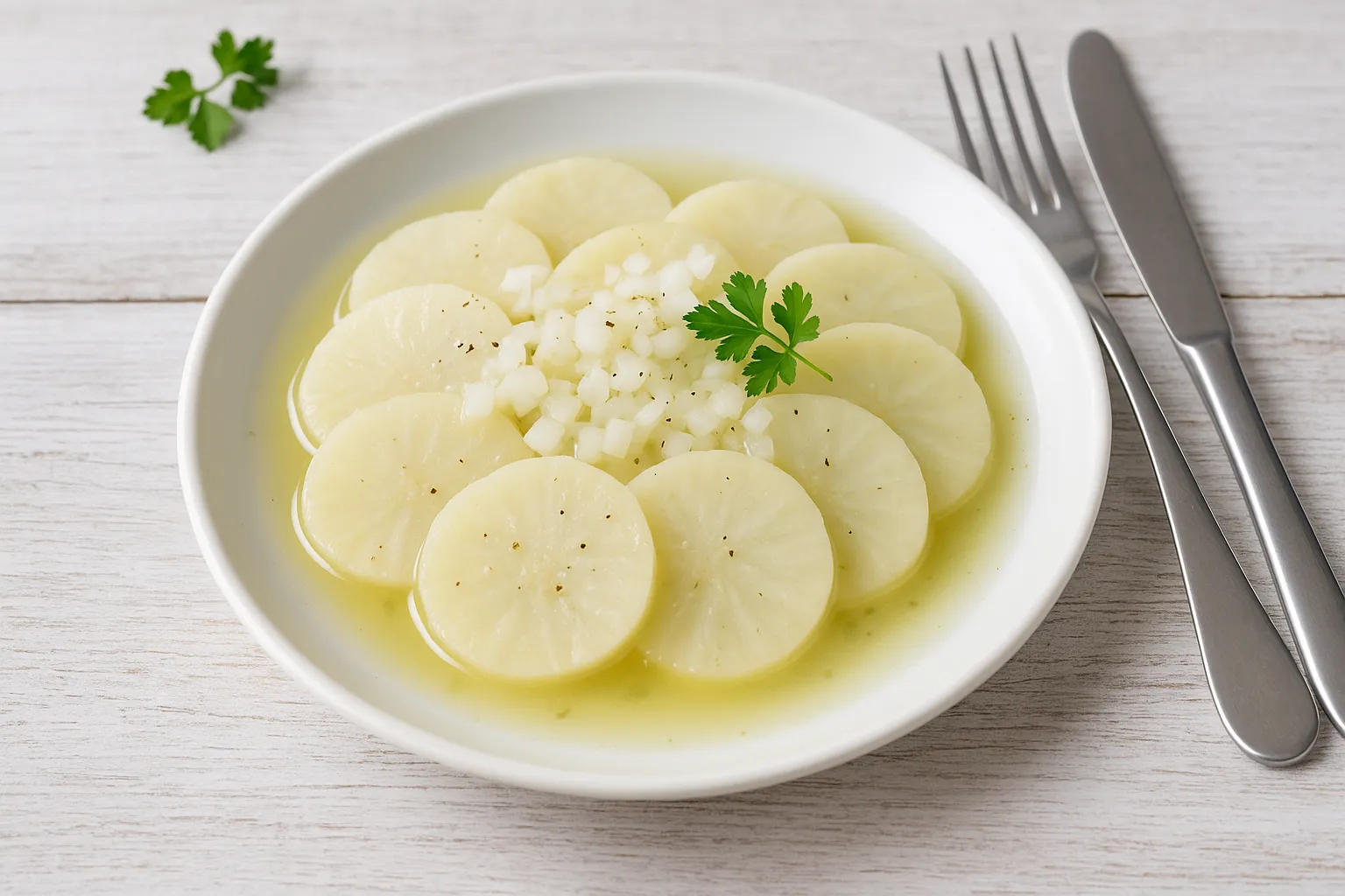 Selleriesalat mit garen Selleriescheiben, Zwiebeln und leichter Brühe auf weißem Teller, auf hellem Holzhintergrund.