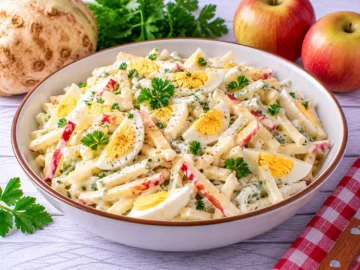 Cremiger Selleriesalat mit hartgekochten Eiern, Apfelstreifen, Joghurt und Petersilie.