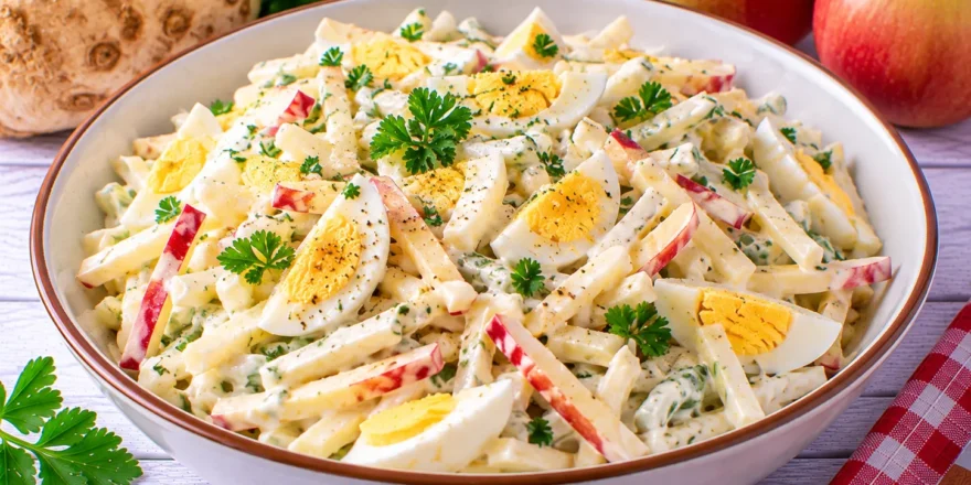 Cremiger Selleriesalat mit hartgekochten Eiern, Apfelstreifen, Joghurt und Petersilie.