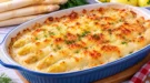 Weißer Spargel mit cremiger Soße und goldbraun überbackenem Käse.