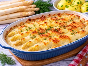 Weißer Spargel mit cremiger Soße und goldbraun überbackenem Käse.