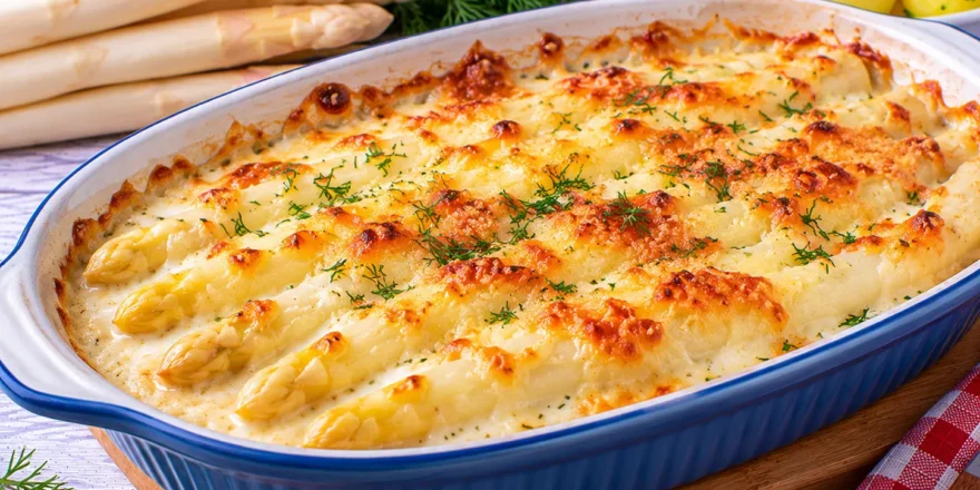 Weißer Spargel mit cremiger Soße und goldbraun überbackenem Käse.