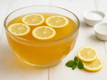 Bowlegefäß aus Glas mit Tee-Wermut-Bowle und Zitronenscheiben auf hellem Holz