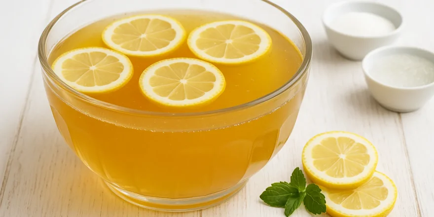 Bowlegefäß aus Glas mit Tee-Wermut-Bowle und Zitronenscheiben auf hellem Holz