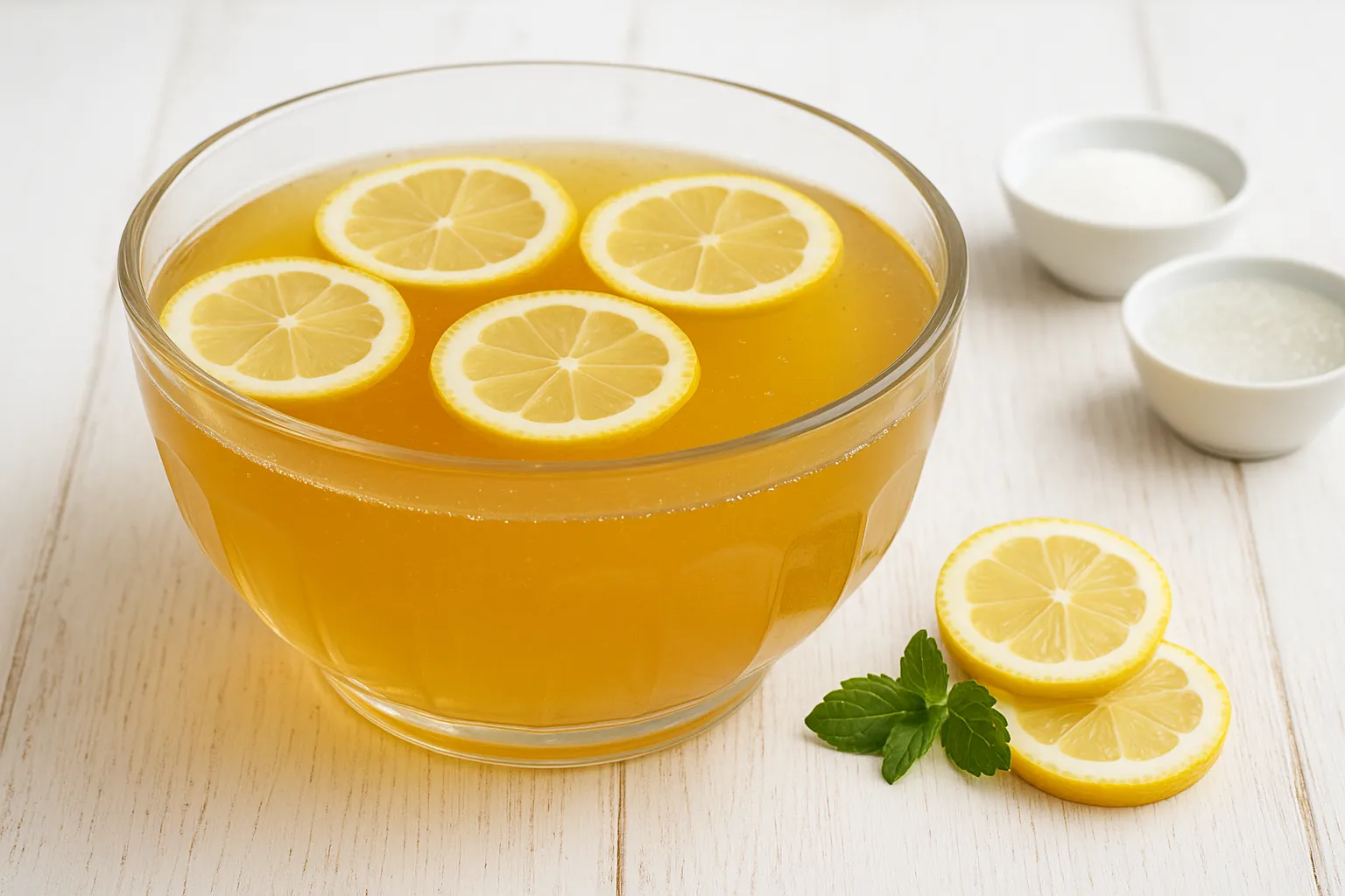 Bowlegefäß aus Glas mit Tee-Wermut-Bowle und Zitronenscheiben auf hellem Holz