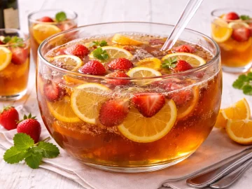 Glas-Bowlengefäß mit Teebowle, Orangen- und Zitronenscheiben sowie Erdbeeren auf weißem Holzhintergrund mit sichtbarer Maserung