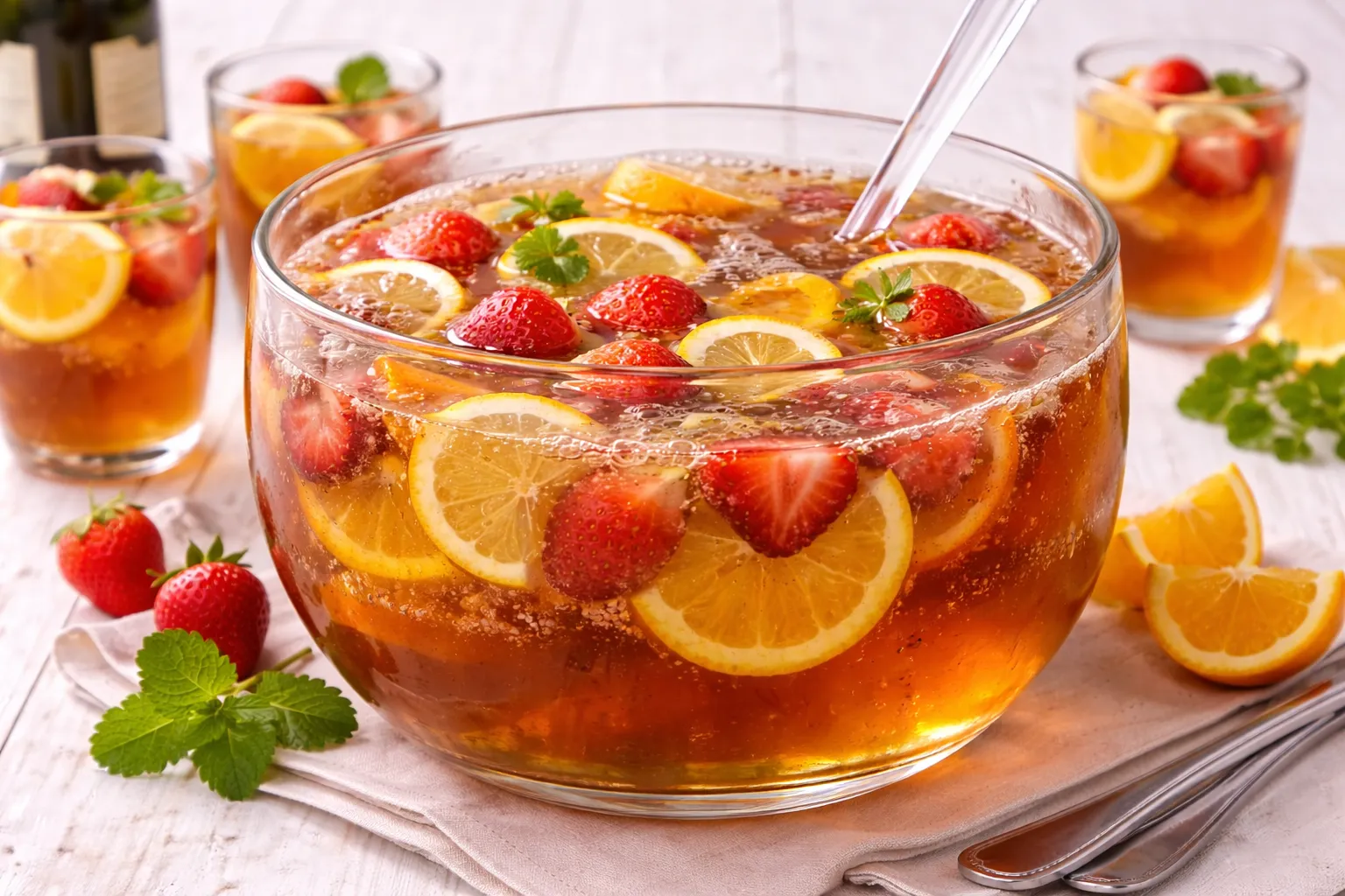 Glas-Bowlengefäß mit Teebowle, Orangen- und Zitronenscheiben sowie Erdbeeren auf weißem Holzhintergrund mit sichtbarer Maserung