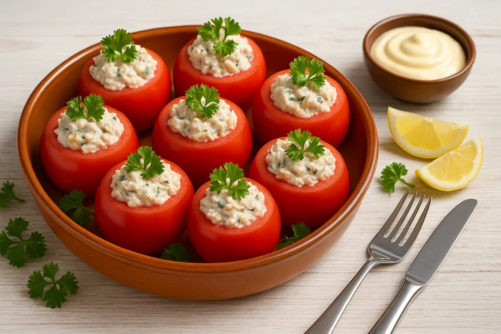  Gefüllte Tomaten mit Fischsalat in einer bunten Schüssel auf weißem Holztisch, dekoriert mit frischen Kräutern und modernem Besteck.