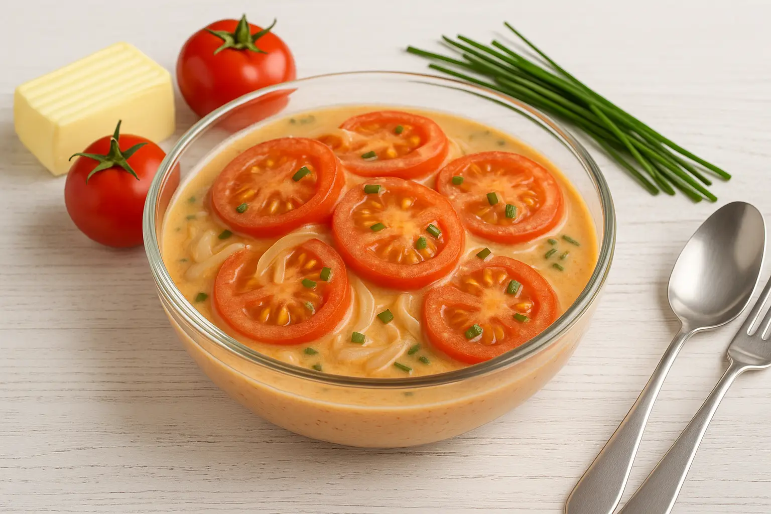  Tomaten in Sahne mit Zwiebeln und Paprika in Glasschale, serviert auf weißem Holztisch, dekoriert mit Butter und Kräutern.