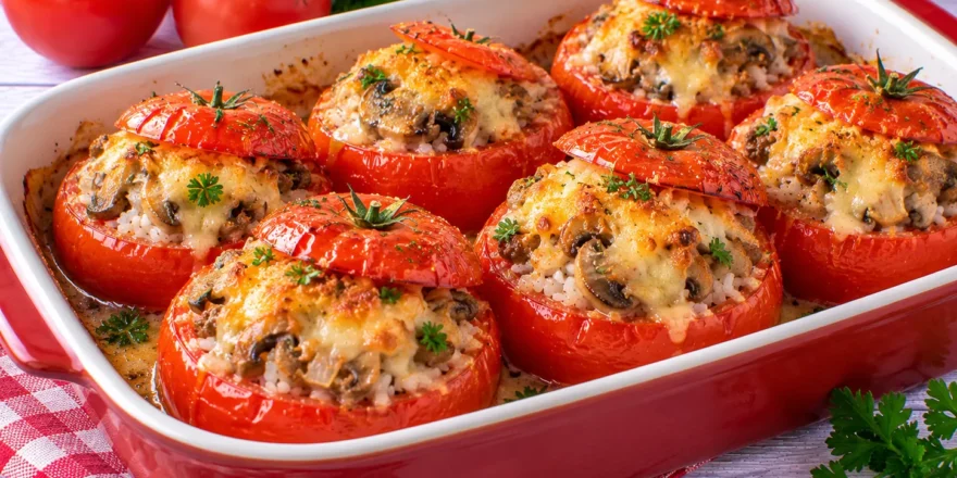 Überbackene Tomaten mit warmer Füllung aus Fleisch, Reis, Pilzen und Zwiebeln.