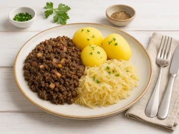 Deftige Portion Tote Oma mit Grützwurst, Sauerkraut und Salzkartoffeln auf rustikalem weißen Teller