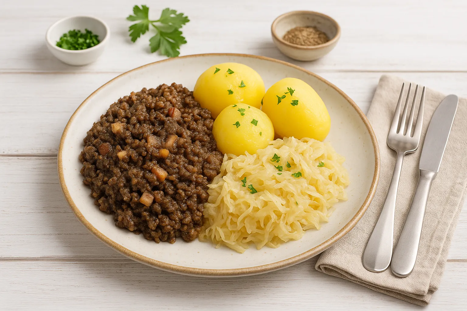 Deftige Portion Tote Oma mit Grützwurst, Sauerkraut und Salzkartoffeln auf rustikalem weißen Teller