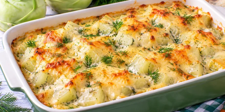 Überbackene Kohlrabistücke in cremiger Käse-Dill-Soße mit goldbrauner Oberfläche.