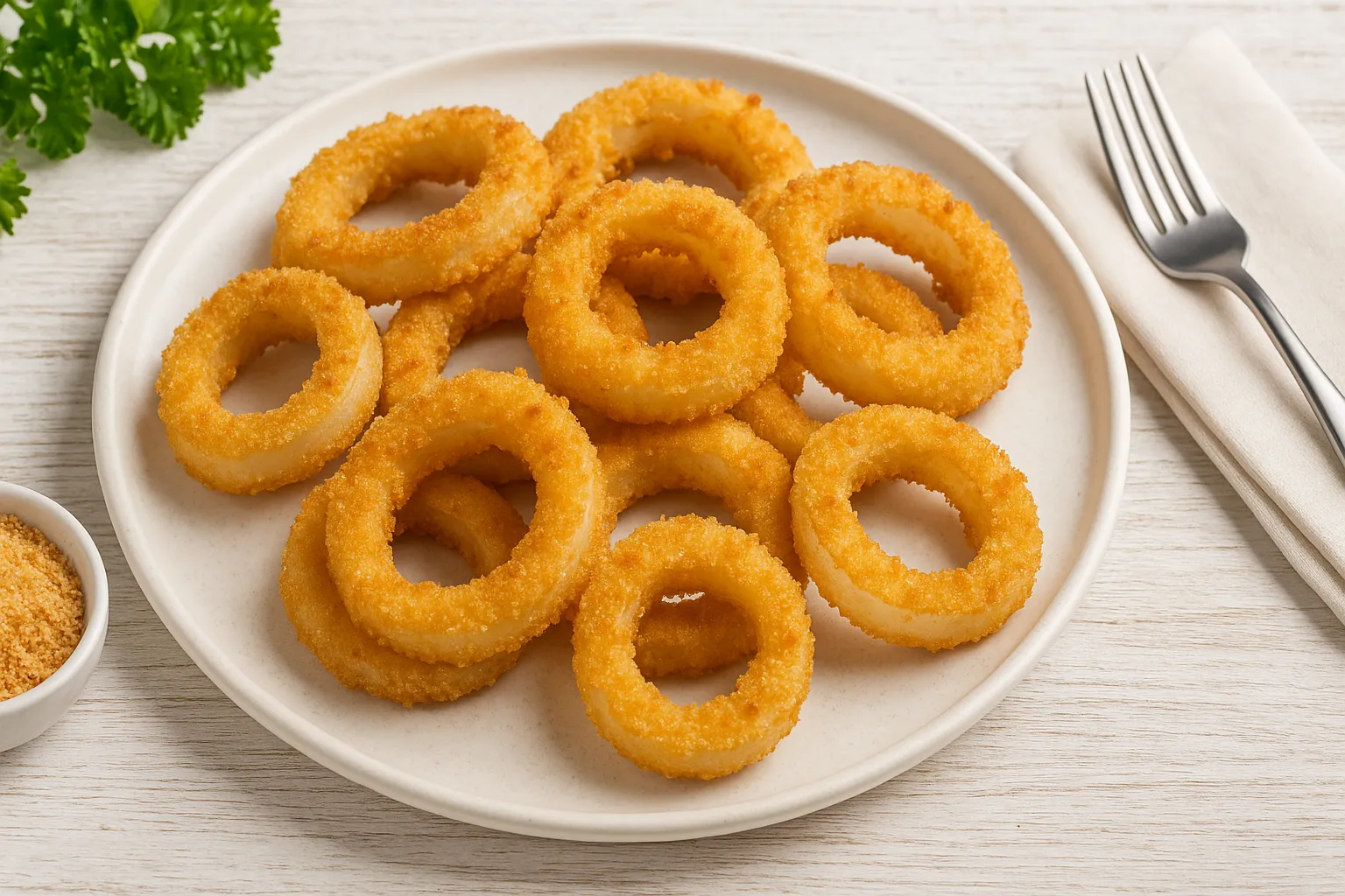Goldbraun gebackene, panierte Zwiebelscheiben auf weißem Teller mit Beilage auf weißem Holztisch.