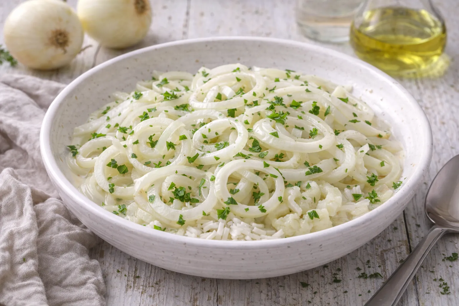 Zwiebelsalat aus blanchierten Zwiebelringen mit Kräutern in weißer Schüssel auf weißem Holzhintergrund