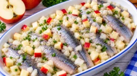 Heringsfilets mit gewürfelten Äpfeln und Zwiebeln in einer hellen Servierschale.