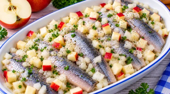 Heringsfilets mit gewürfelten Äpfeln und Zwiebeln in einer hellen Servierschale.