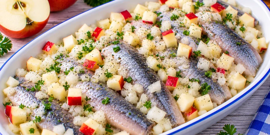 Heringsfilets mit gewürfelten Äpfeln und Zwiebeln in einer hellen Servierschale.