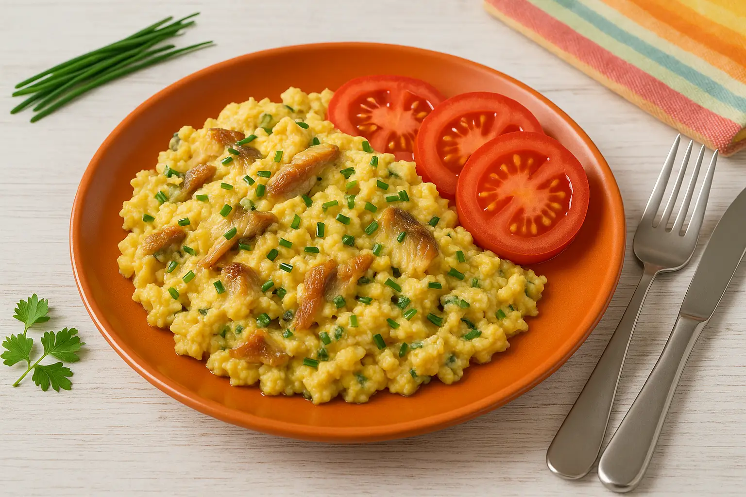 Bücklings-Rührei mit Fischstückchen und Kräutern auf orangefarbenem Teller, garniert mit Tomaten, serviert auf weißem Holztisch.
