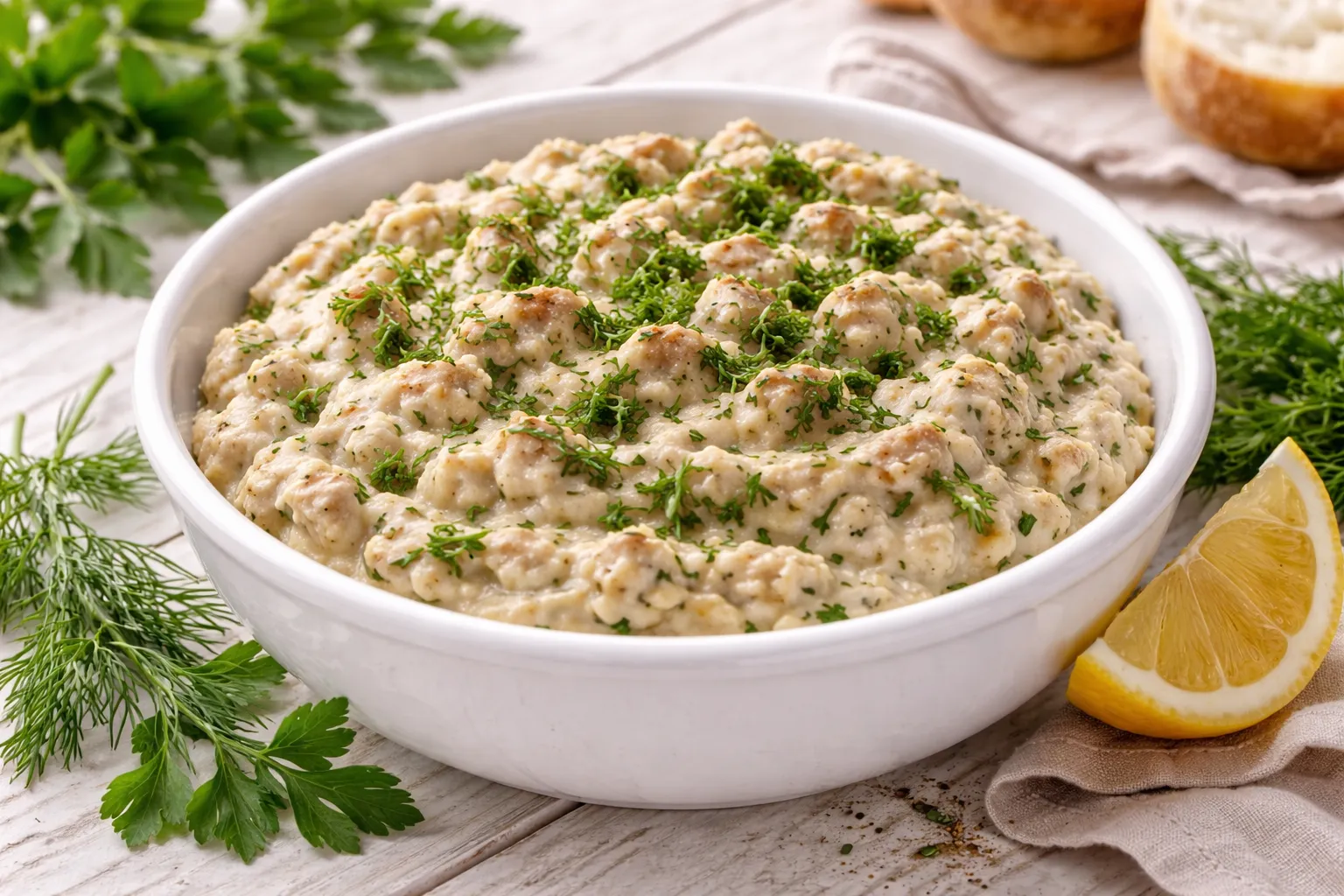 Cremige Bücklingscreme mit Dill und Petersilie in weißer Schüssel