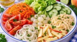 Bunter Gemüsesalat mit Möhren, Gurke, Sellerie, Apfel, Tomaten und zwei verschiedenen Dressings.