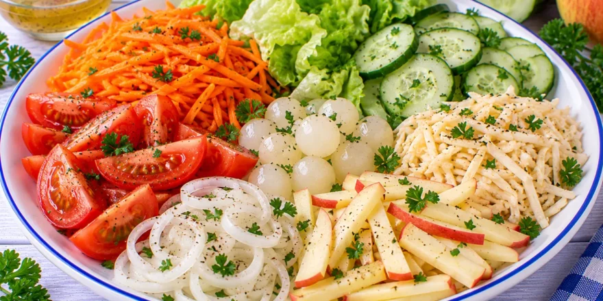 Bunter Gemüsesalat mit Möhren, Gurke, Sellerie, Apfel, Tomaten und zwei verschiedenen Dressings.