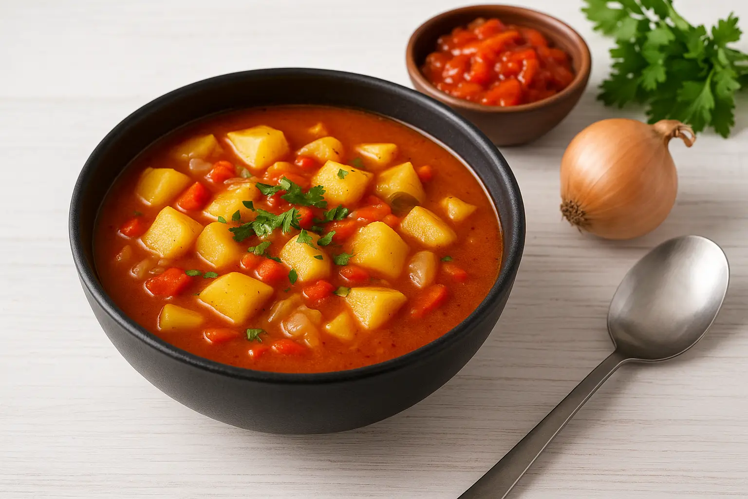 Falsche Gulaschsuppe mit Kartoffeln und Letscho in schwarzer Schüssel, serviert auf weißem Holztisch, dekoriert mit frischen Kräutern.