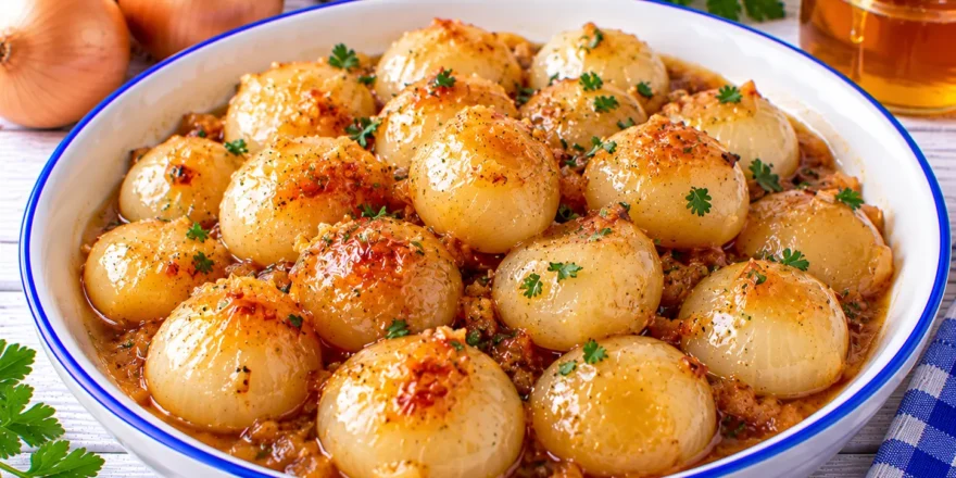 Kleine gedünstete Zwiebeln in glänzender Honig-Butter-Glasur mit Ingwer.