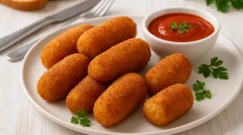 Geflügelkroketten auf weißem Teller mit Tomatensoße und Petersilie, serviert auf hellem Holztisch mit Besteck und Dekoration