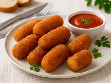 Geflügelkroketten auf weißem Teller mit Tomatensoße und Petersilie, serviert auf hellem Holztisch mit Besteck und Dekoration