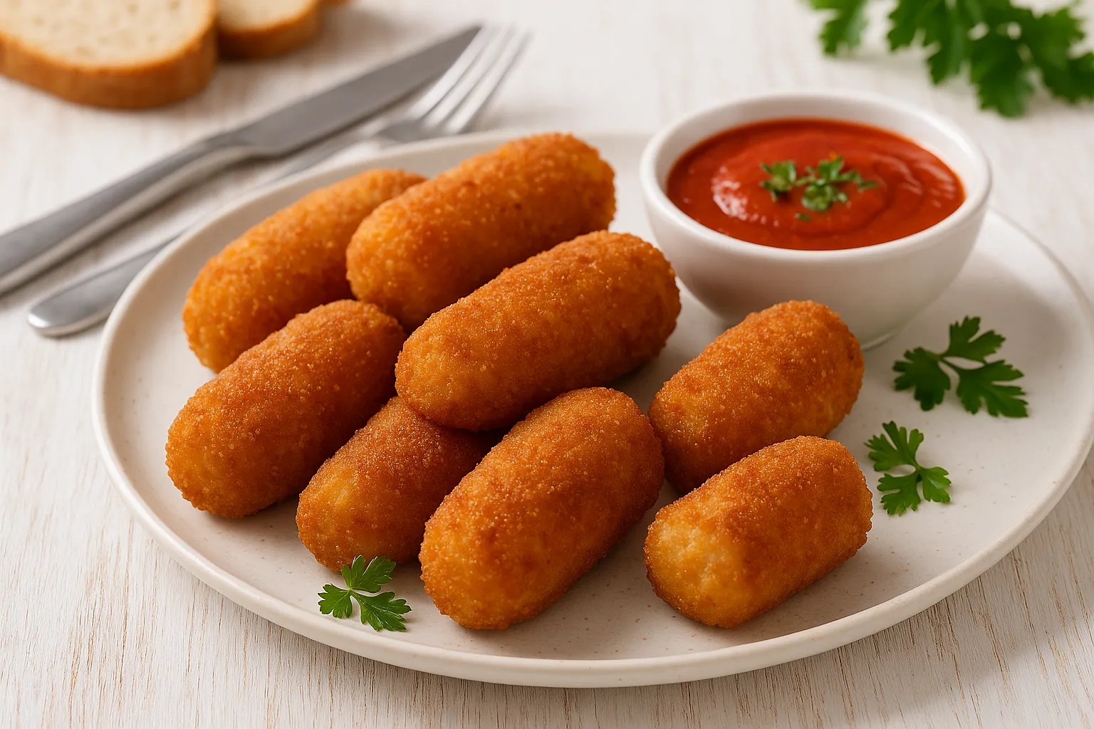 Geflügelkroketten auf weißem Teller mit Tomatensoße und Petersilie, serviert auf hellem Holztisch mit Besteck und Dekoration