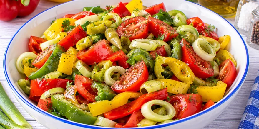 Bunter Gemüsepaprikasalat mit Paprika, Peperoni, Tomaten und Porreeringen.