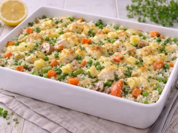 Überbackener Gemüsereis-Auflauf mit Fischstücken, Mischgemüse und Champignons in weißer Form