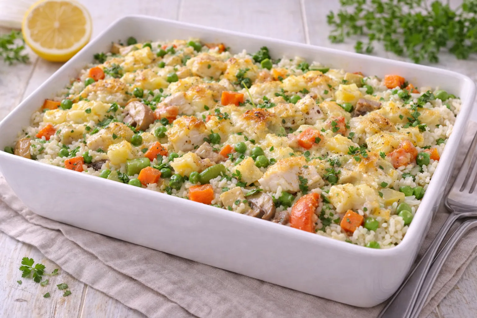 Überbackener Gemüsereis-Auflauf mit Fischstücken, Mischgemüse und Champignons in weißer Form