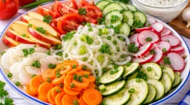 Bunte Rohkostplatte mit Tomaten, Gurken, Möhren, Rettich, Zucchini, Radieschen und Knoblauchsoße.