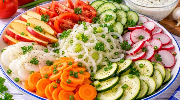 Bunte Rohkostplatte mit Tomaten, Gurken, Möhren, Rettich, Zucchini, Radieschen und Knoblauchsoße.