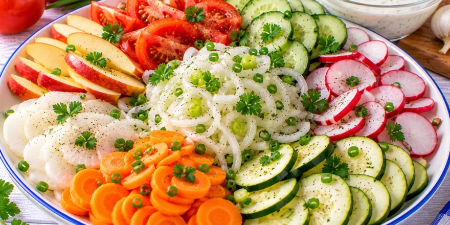 Bunte Rohkostplatte mit Tomaten, Gurken, Möhren, Rettich, Zucchini, Radieschen und Knoblauchsoße.