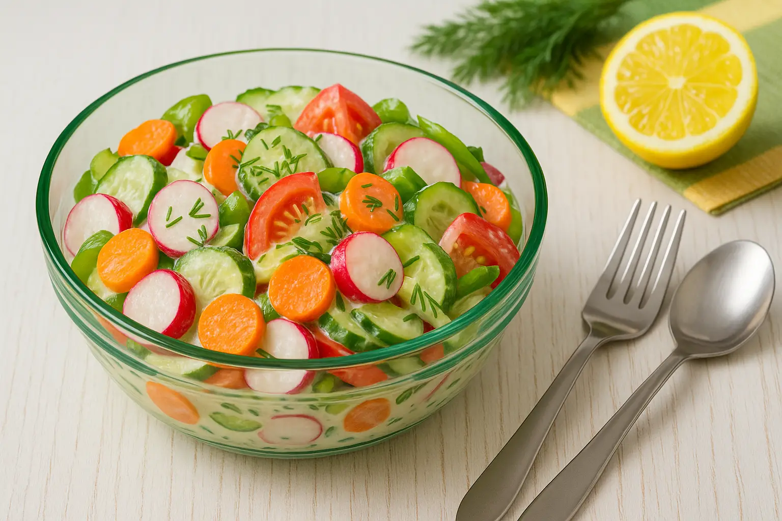 Bunter Gemüsesalat mit Sahnesalatsoße in einer grünen Glasschüssel, angerichtet auf weißem Holztisch, dekoriert mit Dill und Zitrone.