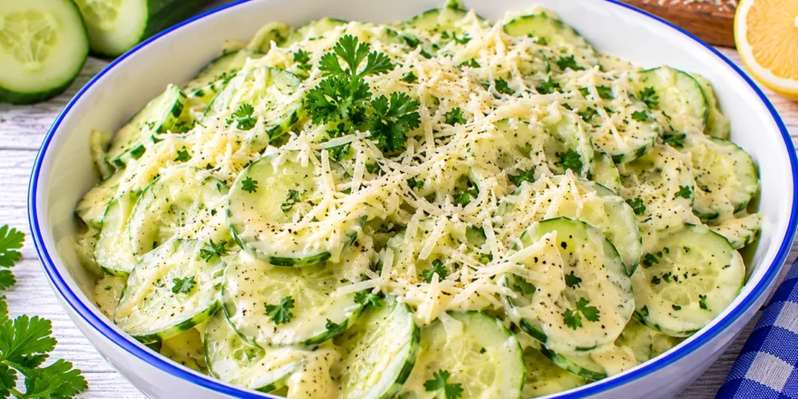 Gurkensalat mit cremiger Eisoße, geriebenem Hartkäse und frischen Kräutern.