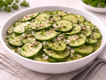 Frischer Gurkensalat mit Schalotten und grünem Pfeffer in weißer Schüssel auf hellem Holztisch