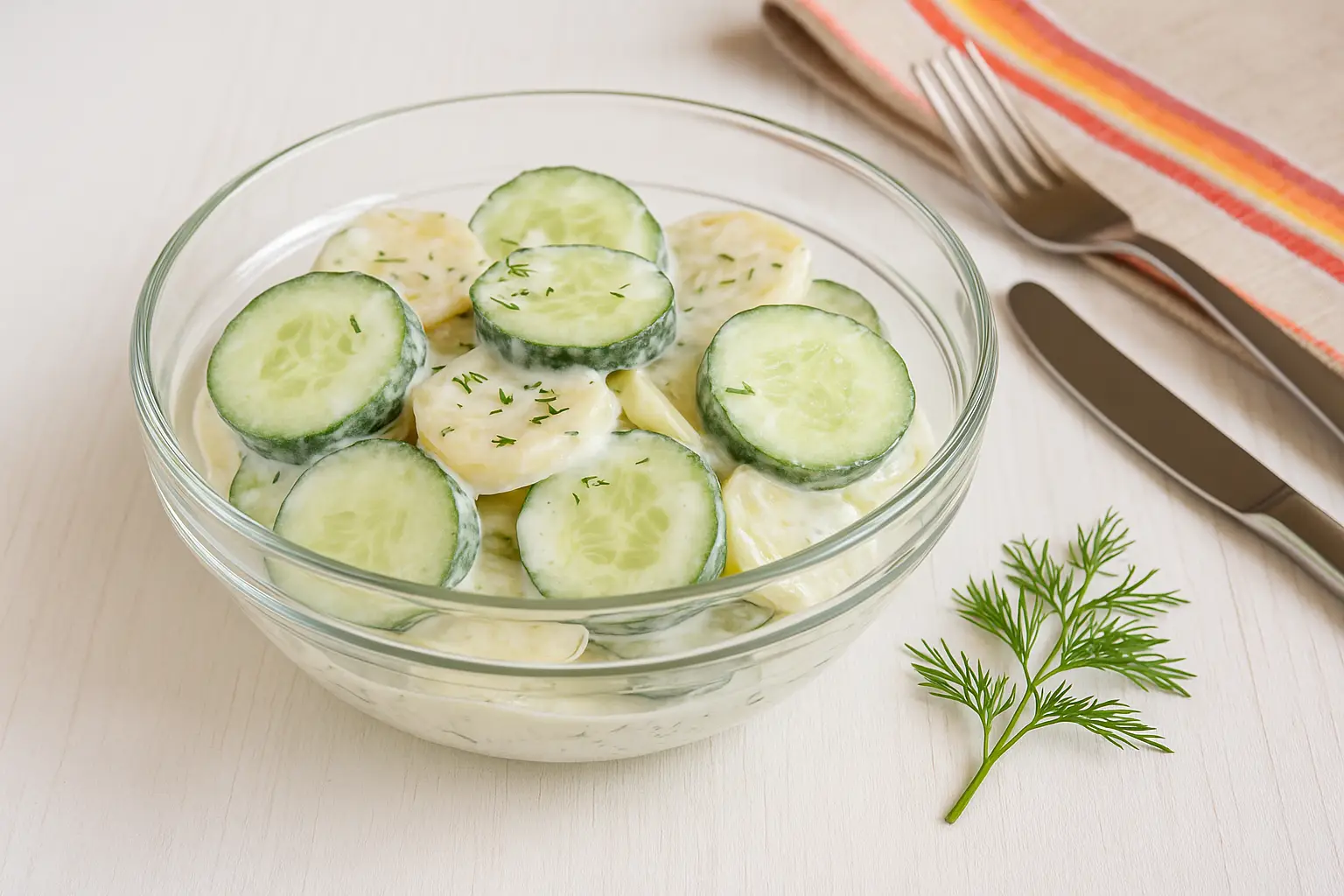  Gurkensalat mit Kartoffeln in cremigem Joghurt-Dressing, serviert in einer durchsichtigen Glasschüssel auf weißem Holztisch.