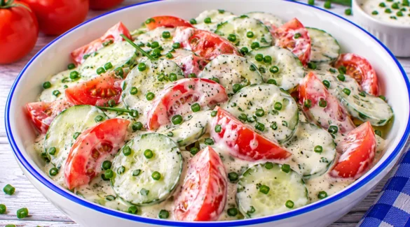 Gurkensalat mit Tomatenspalten, cremigem Sahne-Joghurt-Dressing und frischem Schnittlauch.
