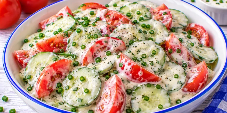 Gurkensalat mit Tomatenspalten, cremigem Sahne-Joghurt-Dressing und frischem Schnittlauch.