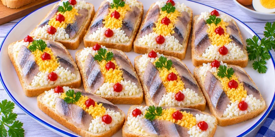Zehn Heringsandwiches mit gehacktem Eigelb, Eiweiß und kleinen Tomatenmarktupfen.