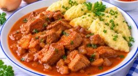 Zart geschmortes Kalbfleisch in kräftiger roter Paprikasoße mit Zwiebeln.
