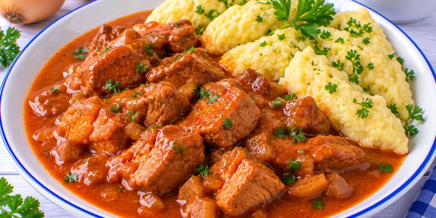 Zart geschmortes Kalbfleisch in kräftiger roter Paprikasoße mit Zwiebeln.